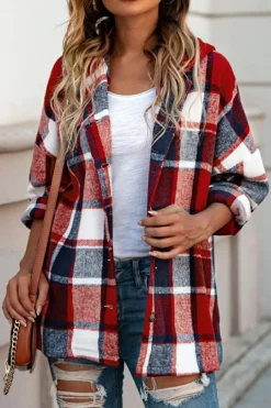 Best Dear-Lover Hooded Plaid Button Front Shacket Fiery Red