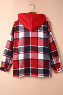 Best Dear-Lover Hooded Plaid Button Front Shacket Fiery Red