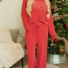 Discount Dear-Lover JOLLY Corded Long Sleeve Top and Pockets Pants Set Fiery Red
