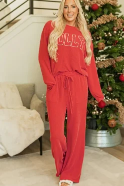 Discount Dear-Lover JOLLY Corded Long Sleeve Top and Pockets Pants Set Fiery Red