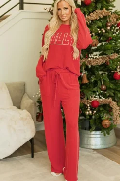 Discount Dear-Lover JOLLY Corded Long Sleeve Top and Pockets Pants Set Fiery Red