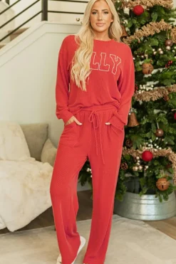 Discount Dear-Lover JOLLY Corded Long Sleeve Top and Pockets Pants Set Fiery Red