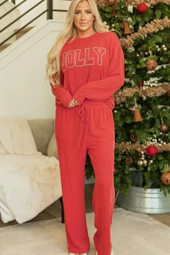 Discount Dear-Lover JOLLY Corded Long Sleeve Top and Pockets Pants Set Fiery Red