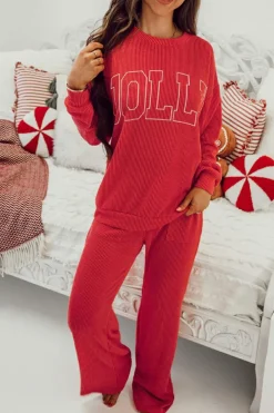 Discount Dear-Lover JOLLY Corded Long Sleeve Top and Pockets Pants Set Fiery Red