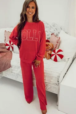 Discount Dear-Lover JOLLY Corded Long Sleeve Top and Pockets Pants Set Fiery Red