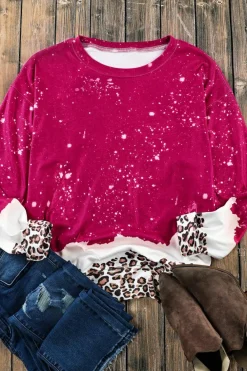 Clearance Dear-Lover Leopard Bleached Pullover Sweatshirt Fiery Red
