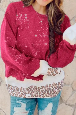 Clearance Dear-Lover Leopard Bleached Pullover Sweatshirt Fiery Red