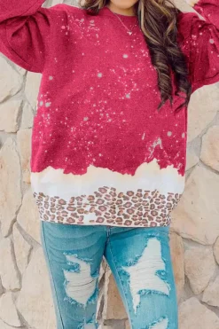 Clearance Dear-Lover Leopard Bleached Pullover Sweatshirt Fiery Red