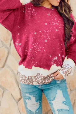 Clearance Dear-Lover Leopard Bleached Pullover Sweatshirt Fiery Red