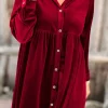 Fashion Dear-Lover Long Sleeve Ruffle Velvet Button Up Dress Fiery Red