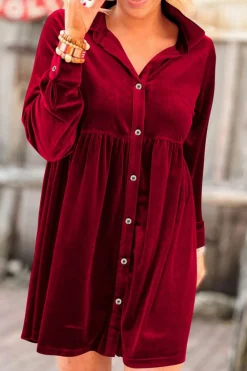 Fashion Dear-Lover Long Sleeve Ruffle Velvet Button Up Dress Fiery Red