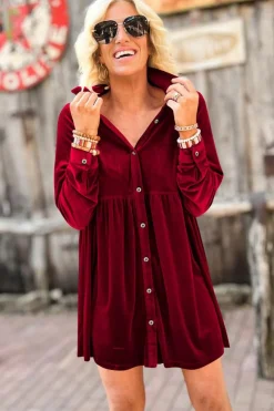 Fashion Dear-Lover Long Sleeve Ruffle Velvet Button Up Dress Fiery Red
