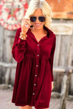 Fashion Dear-Lover Long Sleeve Ruffle Velvet Button Up Dress Fiery Red