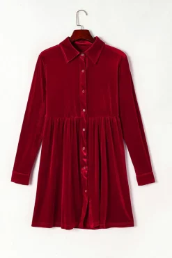 Fashion Dear-Lover Long Sleeve Ruffle Velvet Button Up Dress Fiery Red