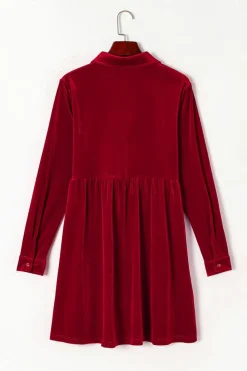 Fashion Dear-Lover Long Sleeve Ruffle Velvet Button Up Dress Fiery Red
