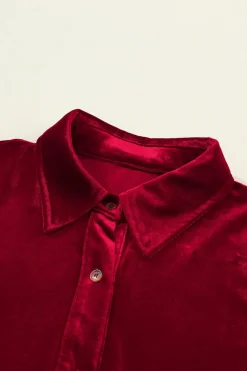 Fashion Dear-Lover Long Sleeve Ruffle Velvet Button Up Dress Fiery Red