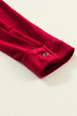 Fashion Dear-Lover Long Sleeve Ruffle Velvet Button Up Dress Fiery Red