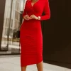 Discount Dear-Lover Long Sleeves Wrap V Neck Ruched Sheath Bodycon Dress Fiery Red