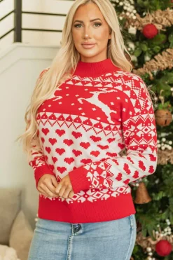 Clearance Dear-Lover Merry Christmas Reindeer Heart Pattern High Neck Sweater Fiery Red
