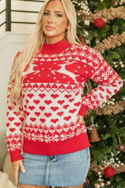 Clearance Dear-Lover Merry Christmas Reindeer Heart Pattern High Neck Sweater Fiery Red