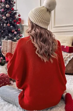 Hot Dear-Lover Merry Letter Embroidered High Neck Sweater Fiery Red