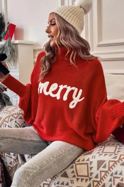 Hot Dear-Lover Merry Letter Embroidered High Neck Sweater Fiery Red