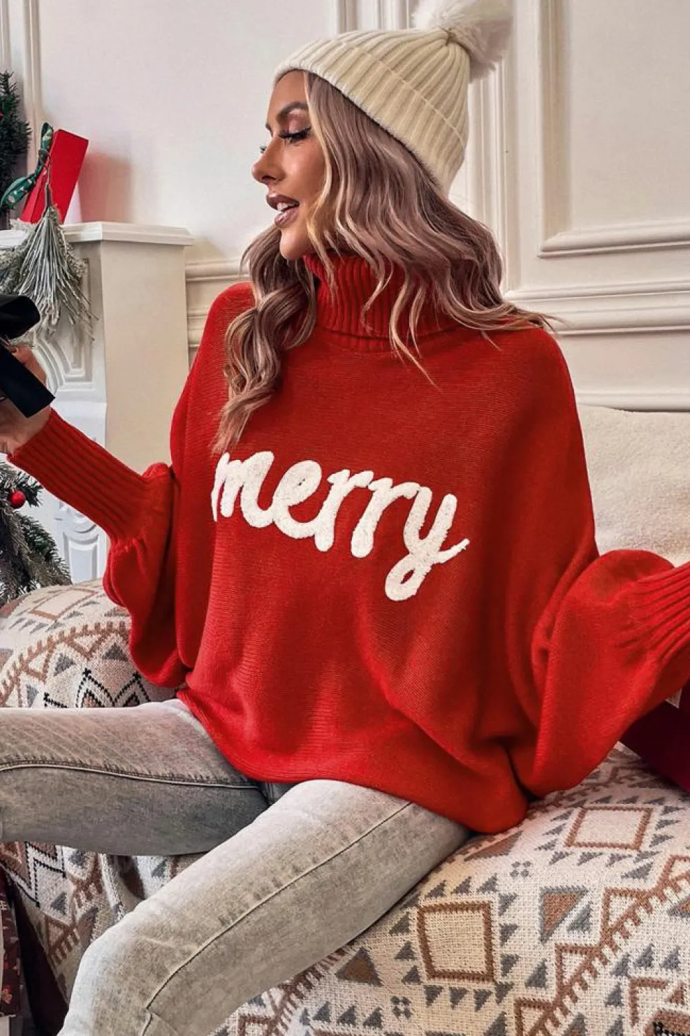 Hot Dear-Lover Merry Letter Embroidered High Neck Sweater Fiery Red