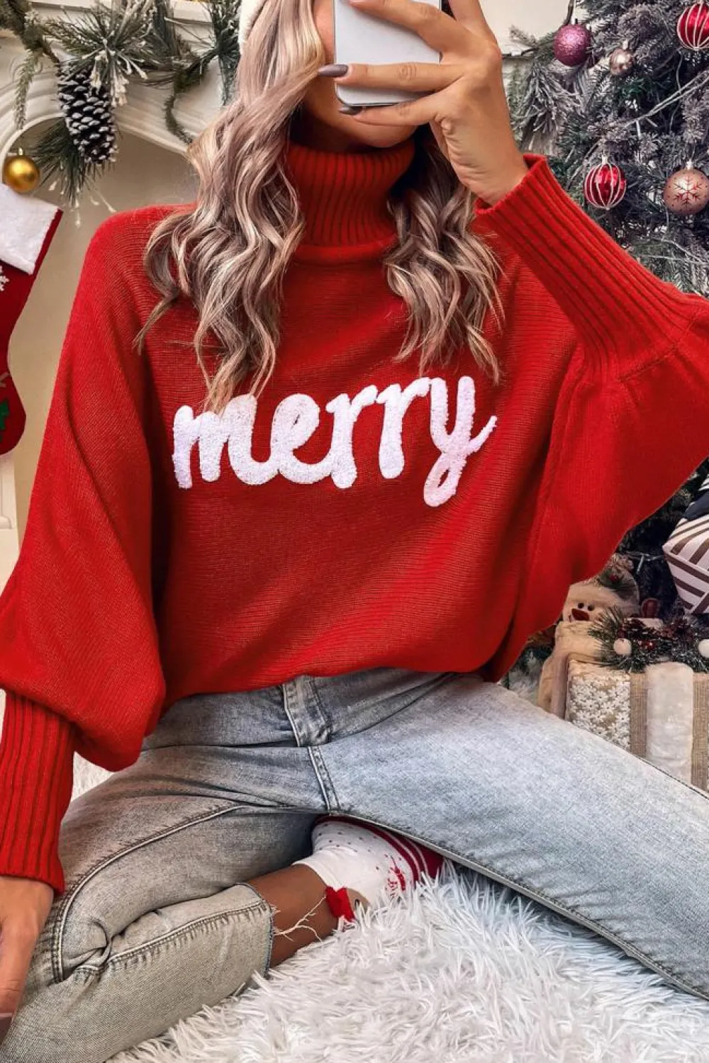 Hot Dear-Lover Merry Letter Embroidered High Neck Sweater Fiery Red