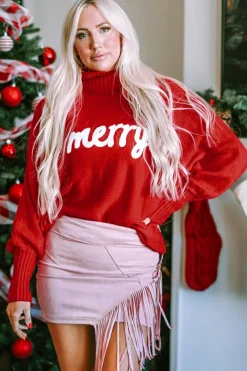 Hot Dear-Lover Merry Letter Embroidered High Neck Sweater Fiery Red