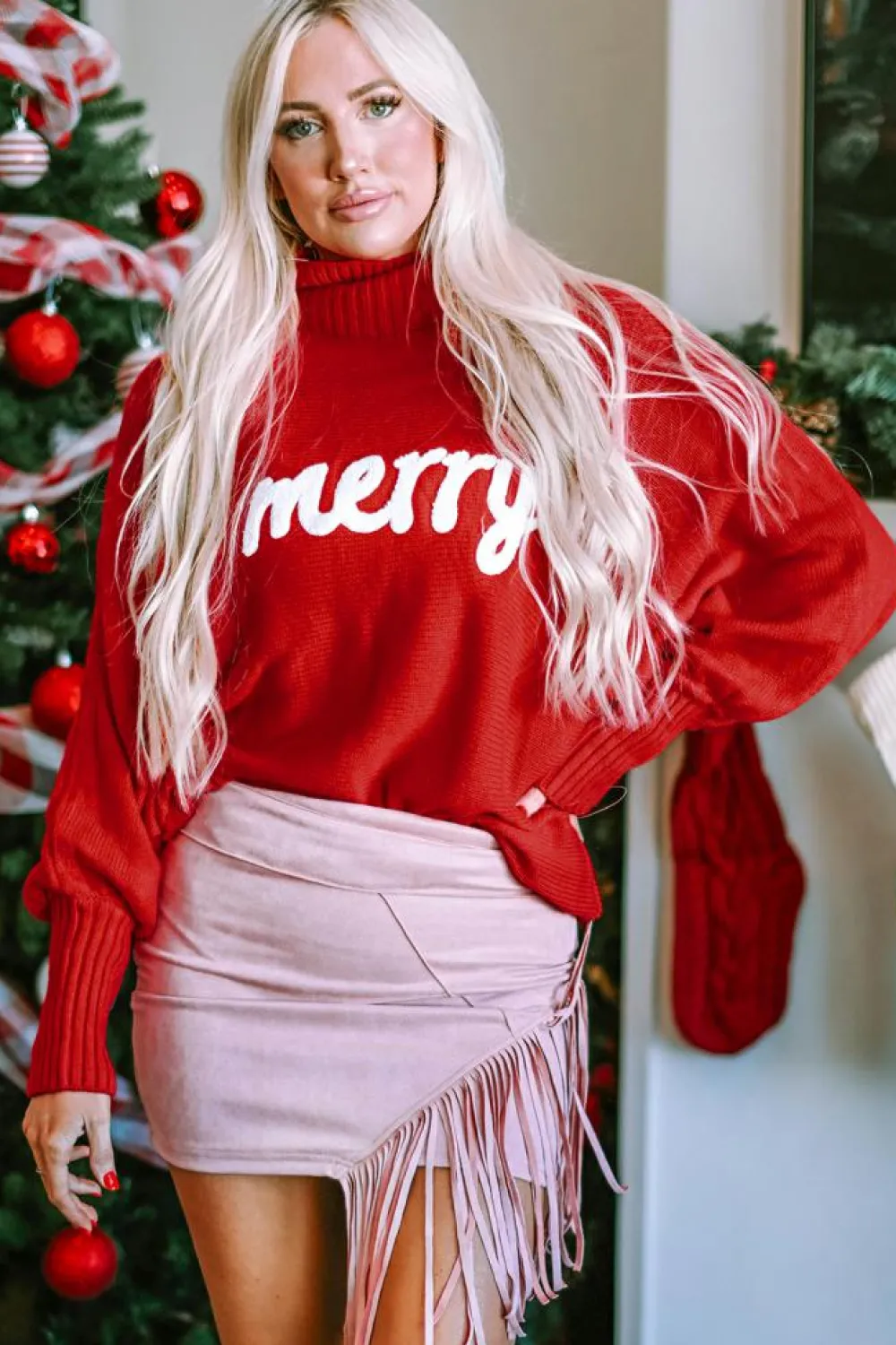 Hot Dear-Lover Merry Letter Embroidered High Neck Sweater Fiery Red