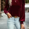Hot Dear-Lover Mock Neck Puff Sleeve Velvet Blouse Fiery Red