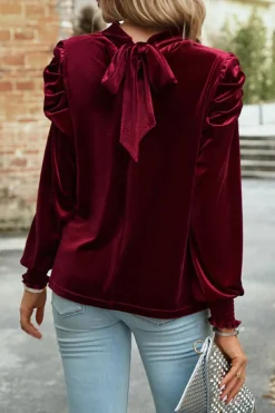 Hot Dear-Lover Mock Neck Puff Sleeve Velvet Blouse Fiery Red