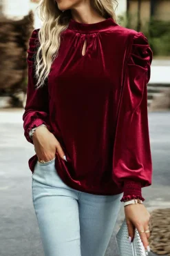 Hot Dear-Lover Mock Neck Puff Sleeve Velvet Blouse Fiery Red