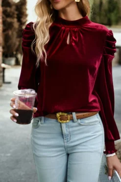 Hot Dear-Lover Mock Neck Puff Sleeve Velvet Blouse Fiery Red