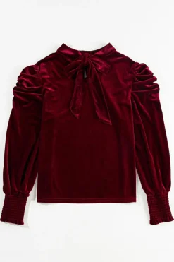 Hot Dear-Lover Mock Neck Puff Sleeve Velvet Blouse Fiery Red