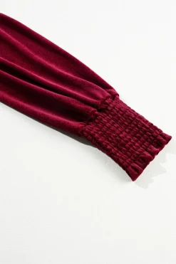 Hot Dear-Lover Mock Neck Puff Sleeve Velvet Blouse Fiery Red