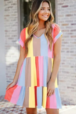 Sale Dear-Lover Multicolor Striped Color Block Tiered Mini Dress Fiery Red