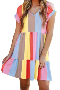 Sale Dear-Lover Multicolor Striped Color Block Tiered Mini Dress Fiery Red