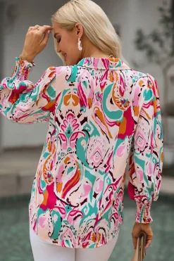 Fashion Dear-Lover Paisley Print 3/4 Lantern Sleeve Shirt Fiery Red