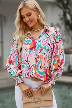 Fashion Dear-Lover Paisley Print 3/4 Lantern Sleeve Shirt Fiery Red