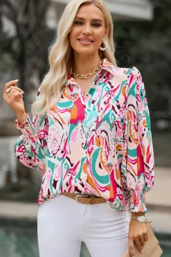 Fashion Dear-Lover Paisley Print 3/4 Lantern Sleeve Shirt Fiery Red