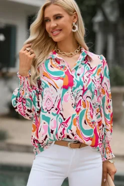 Fashion Dear-Lover Paisley Print 3/4 Lantern Sleeve Shirt Fiery Red