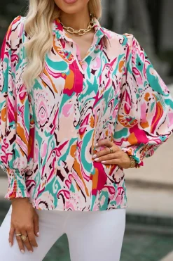Fashion Dear-Lover Paisley Print 3/4 Lantern Sleeve Shirt Fiery Red