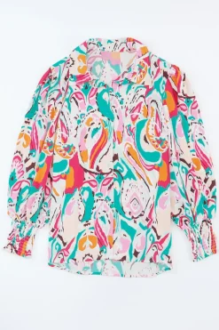 Fashion Dear-Lover Paisley Print 3/4 Lantern Sleeve Shirt Fiery Red