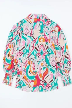 Fashion Dear-Lover Paisley Print 3/4 Lantern Sleeve Shirt Fiery Red