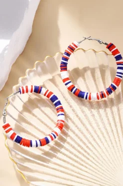 Discount Dear-Lover Patriotic Multicolored Bead Hoop Earrings Fiery Red