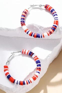 Discount Dear-Lover Patriotic Multicolored Bead Hoop Earrings Fiery Red