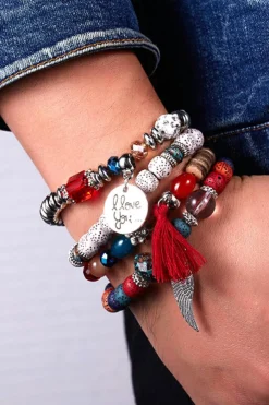 Outlet Dear-Lover 4pcs Wing Shape Tassel Pendant Beaded Bracelet Set Fiery Red
