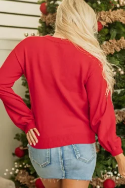 Online Dear-Lover Pearl Beaded Merry Casual Sweater Fiery Red