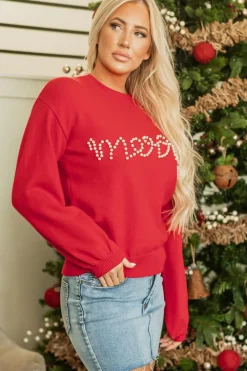 Online Dear-Lover Pearl Beaded Merry Casual Sweater Fiery Red